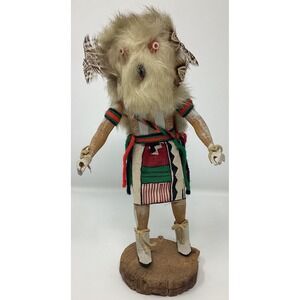Vintage Signed Largo Great Owl Kachina Doll Hand Carved Wood Fur Feathers 10.5"